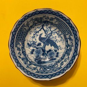Vintage Peacock Ceramic Serving Bowl, Blue and White, Japan, makers mark.